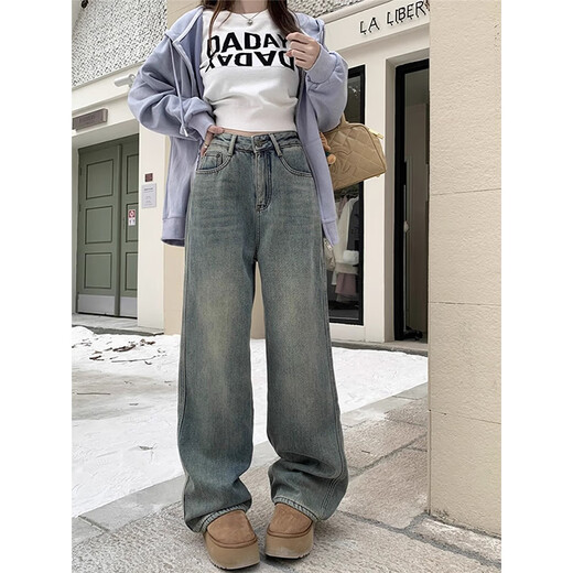 Jeans delgados retro de algodón americano en terciopelo recto para mujeres en otoño e invierno Pantalones casuales de patas rectas con cintura recta para mujeres 683-1 Azul retro [alta calidad más terciopelo 36.5] L 105-120Jin [Jin equivale a 0.5 kg]
