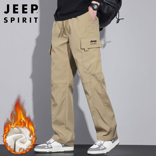 JEEP SPIRIT Jeep Overalls Men's Pants Men's Autumn and Winter Casual Pants Men's Multi-Pocket Men's Pants Khaki Velvet XL