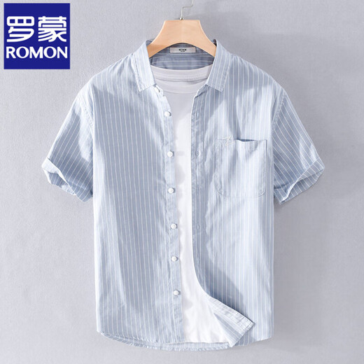 ROMON men's pure cotton short-sleeved shirt Japanese casual summer thin new striped shirt trendy splicing top 9740 light blue M