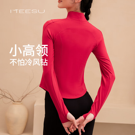 Meesu Yoga Wear Suit Top Women's Sports Half-Zip Warm Plus Velvet Slim Fitness Wear Hip-lifting Nine-Point Pants Pilates Berry Red + Black Suit M
