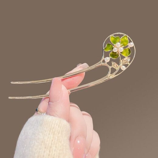 Qianla simple small fresh flower hairpin for women spring and summer new style hairpin double-insert hairpin U-shaped hairpin niche headwear green flower-U-shaped hairpin