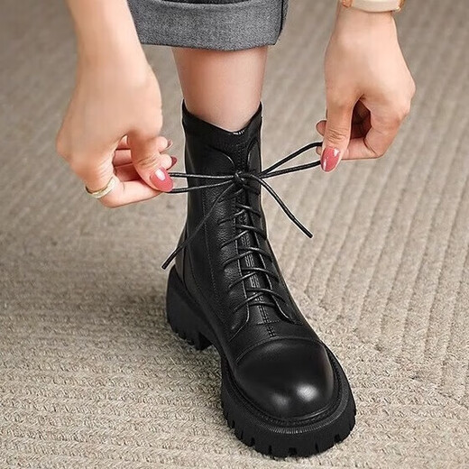 Hao'es schwarze Martin-Stiefel für den Frühlings- und Herbst der Frauen, neue schlanke trendige Ins coole britische Retro-Stiefel mit Dickdickstiefeln vielseitige Kurzstiefel schwarz 38 [Fersenhöhe 4,5 cm]