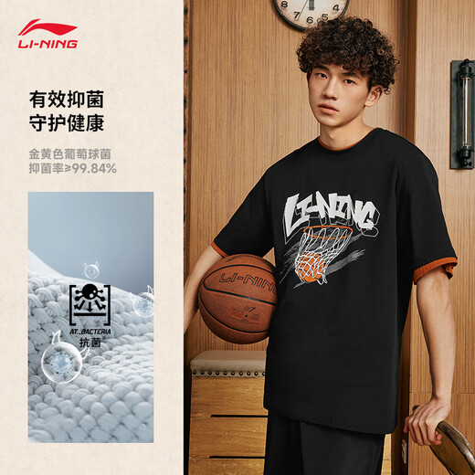 李宁速干T恤丨抗菌凉爽圆领短袖T恤男子夏季户外印花休闲宽松运动上衣 【抗菌】黑色671-1 L