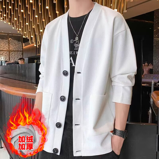 LEEREDPOI秋冬季夹克男士开衫外套V领休闲小西装华夫格纯色简约单西上衣服 白色 XL 约130-150斤可穿