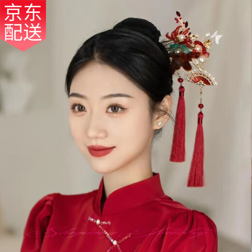 Ancient new Chinese style red tassel headdress bride Xiuhe suit temperament ancient style toasting suit hair accessories temperament style bridal headdress set