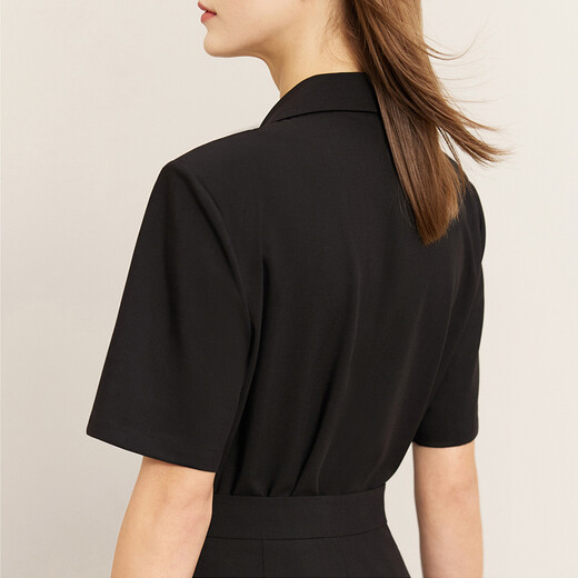 AMII Women's 2025 Summer New Complete Matching Suit Women's Fashion Double-breasted Casual Small Two Black (Shirt) S 155/80A