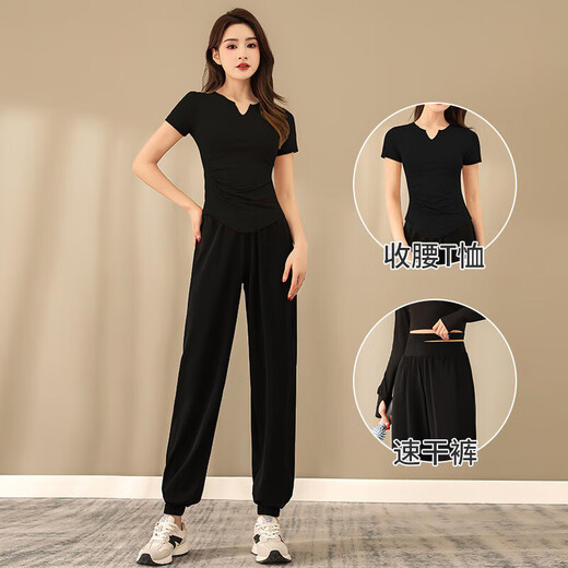 LULUUVTTOH summer yoga clothing sports suit for women running breathable quick-drying clothing gym Pilates training clothing for women black top XL