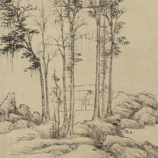 元倪瓒江干秋树图古代山水画卷轴文人复仿古画挂画 元倪瓒渔庄秋霁图12129 60X120厘米（喷绘画心尺寸） 花