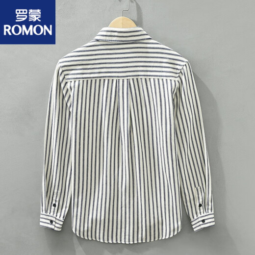 罗蒙（ROMON）长袖条纹衬衫男休闲痞帅衬衣2025新款潮流时尚青少年牛仔外套 9766短 袖绿色 M