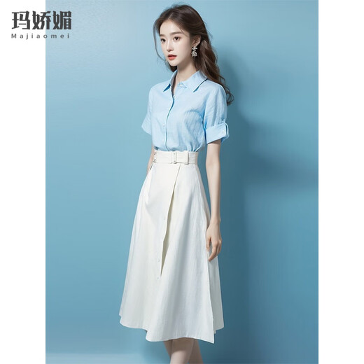 Majiaomei dress women's suit 2025 summer new fashionable age-reducing small person wearing casual shirt skirt for women top + skirt (without belt) M