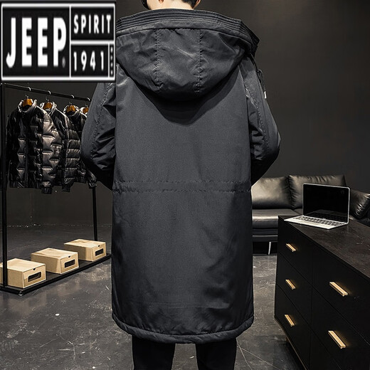 Jeep (JEEP) autumn and winter men's mid-length windbreaker men's thickened parka coat plus cotton hooded loose two-cotton jacket trend Military green S loose fit is large
