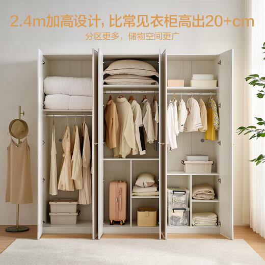 Quanyou Home Cream Style Large Wardrobe with Dressing Table Combination Wall Wardrobe Plus Height Clothes Storage Cabinet Two-Door Wardrobe + Dressing Cabinet + Makeup Mirror + Makeup Stool