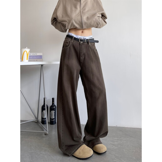 
Shelley Jones American retro brown jeans men's spring and autumn trendy brand old loose straight floor wide-leg casual trousers brown 2XL [recommended 140-160Jin [Jin equals 0.5 kg]]