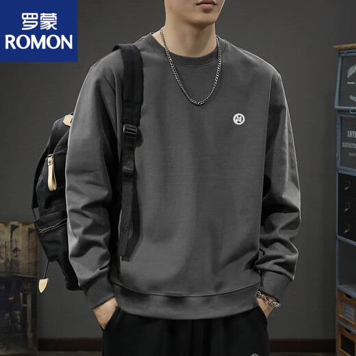 罗蒙（ROMON）重磅春秋季新款堆堆领卫衣男士重磅美式青少年外套帽衫上衣潮流 黑色圆 领卫衣款-1365【GL】 加 S 【建议95-120斤】