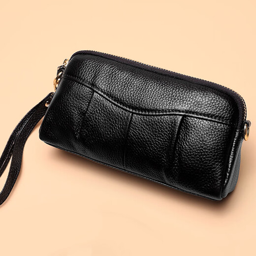 Grozd genuine first-layer cowhide mother's handbag women's clutch long wallet clutch bag zipper mobile phone bag black (handbag style-wrist strap)
