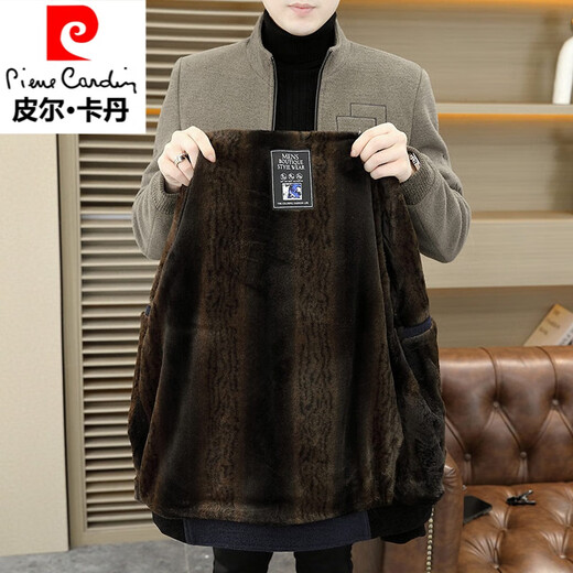 Pierre Cardin stand collar jacket men's 2025 winter new velvet thickened woolen casual middle-aged warm woolen jacket men's 815 khaki plus velvet L