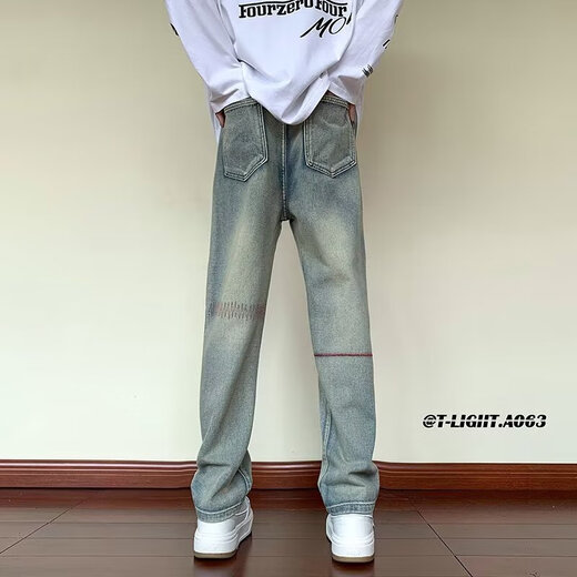 
7 high-quality jeans men's autumn and winter American retro vibe washing pants high street yellow mud strap design casual micro-flare pants CMZ-R826 blue M