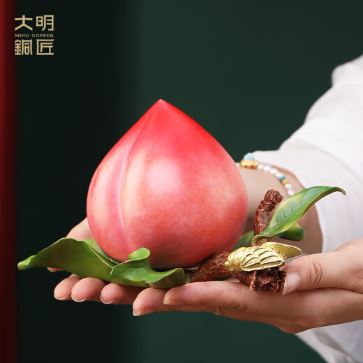 大明铜匠黄铜寿桃摆件客厅家居玄关工艺品仙桃装饰品蟠桃长辈生日贺寿礼品 福寿仙桃长约17*15*10cm