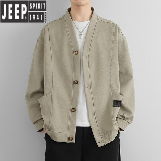 JEEP SPIRITV领针织衫男士春秋款潮牌休闲慵懒风开衫外套感日系夹克上衣 BJ723米白色 L (约110-130斤可穿)