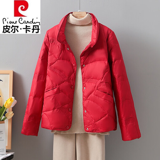 Pierre Cardin 2025 New Xiangyun Down Jacket Women's Short Stand Collar Thin White Duck Down Fashionable Autumn and Winter Small Lightweight Jacket White Real Down Fake One Penalty Three S 90-115Jin Jin is equal to 0.5 kg