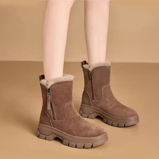Women's snow boots for women in winter 2025 new style plush thickened genuine leather fur integrated non-slip outdoor warm cotton boots Khaki 38