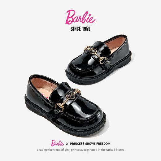 Barbie Children's Shoes Girls Spring and Autumn British Style Girls Performance Bright Leather Black Leather Shoes Slip-On DA6562 Black Size 36