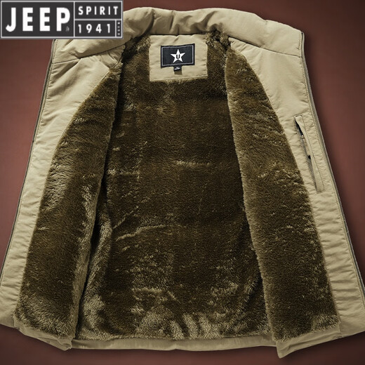 JEEP SPIRIT velvet thickened outdoor sports vest men's multi-pocket work vest fishing photography vest sleeveless jacket trendy 8877 khaki-plush style M suitable for weight 100-120Jin Jin is equal to about 0.5 kg