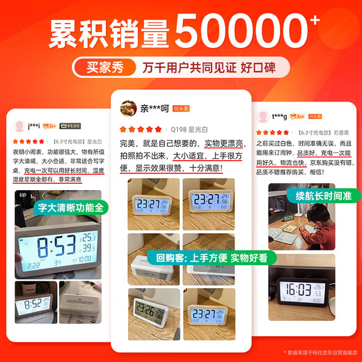 Max Alarm Clock Student Temperature and Humidity Large Screen Rechargeable Electronic Intelligent Luminous Children's Wake-up Special Artifact LCD Bedside Clock Must-Have Q198 White Back-to-School Season New Year's Gift