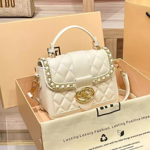 ESDS香港品牌真皮女包轻奢2025新款时尚菱格小方包百搭水晶单肩斜挎包 白色/水晶之恋（专柜礼盒套装）
