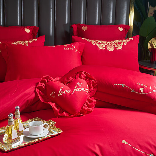 Wedding four-piece set, wedding bedding, embroidered quilt cover, brushed set, red wedding Chinese-style eight-piece quilt set, romantic accompanying 1.5-1.8m bed sheet eight-piece set