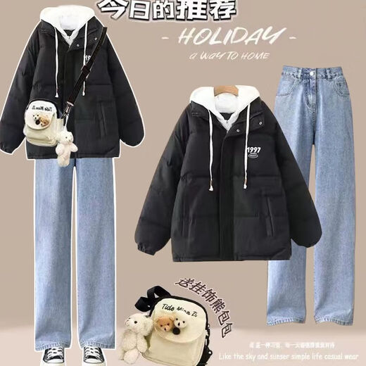 Fhhuabd Winter Frauenkleidung volle Set kleiner süßer Plüsch-verdickter Beutel für weibliche Studenten koreanische louse Brotplüschschwarze Hose 1396# S Empfohlen 80-95jin [Jin gleich 0,5 kg]