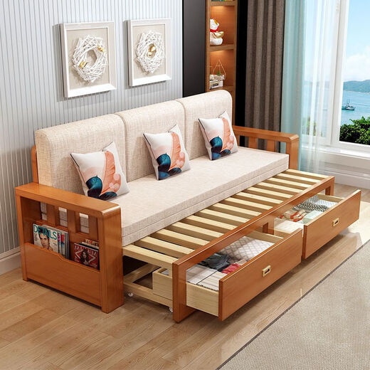 Baosa-Sofa-Bett ist vollständig massives Holzaufbewahrung, Teleskop und liegendes Wohnzimmer mit Multifunktionsfaltsofa mit Doppelpur-Apartment, Teakfarblänge 224*150, mehr als 2 Meter