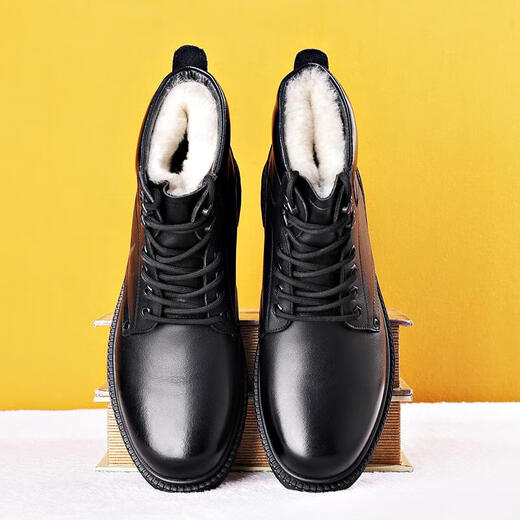 
Gu Wenlun military hook boots men's cotton boots genuine leather Martin boots cruiser cotton shoes men's high top leather shoes men's fur integrated 3519-1 black single shoe style 38