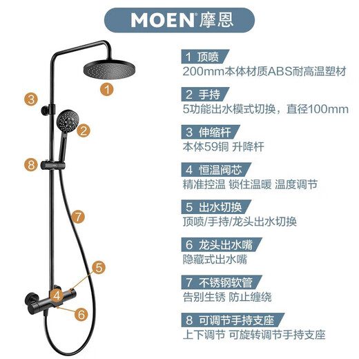 MOEN (Moen) Negro Conjunto de ducha de temperatura constante Varilla de elevación de 8 pulgadas Spray superior 5 Función Supercargada Ducha de ducha de ducha CONSTANTE FAUCE
