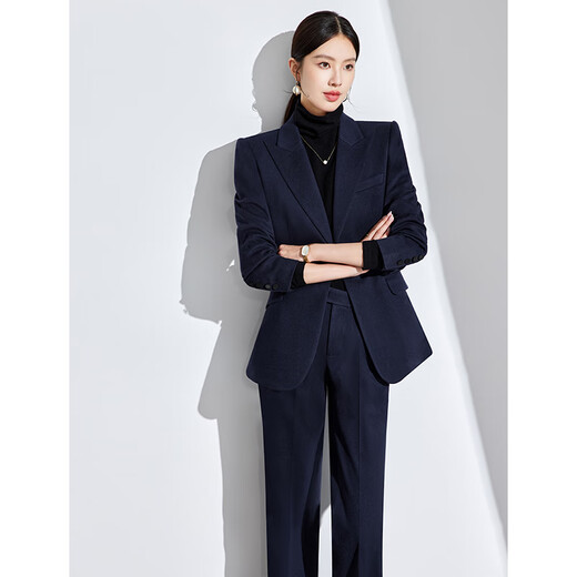 诗璐雅（SHILUYA）高端毛呢外套气质收腰案场客服女工作服外套西装套装两件套冬季厚 藏青色西装+阔腿微喇裤 L