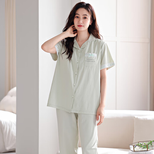 莫代尔2025新款睡衣女夏季带胸垫一体棉短袖长裤春夏天薄款家居服套装 LSF-692柔粉 L (165) 建议体重105-125斤