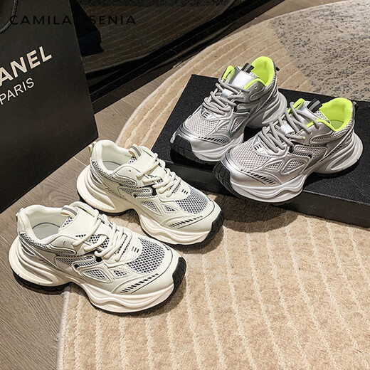 Camila Ksenia Offizielle Website Small C/K Daddy Schuhe Frauen 2025 Neue Sommer Heiße Mode vielseitige dicke alleinige Schuhe Casual Sneakers Silber 38