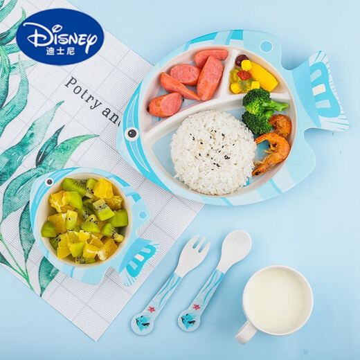 迪士尼（Disney）可爱卡通竹纤维儿童餐具网红家用分格鱼形餐盘儿童勺叉碗盘碟套装 鱼形餐盘五件套粉
