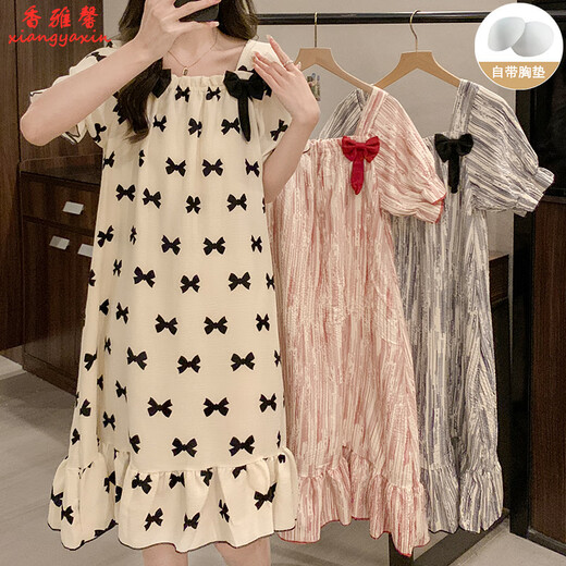 Xiangyaxin summer chest pad short-sleeved nightgown for women woven cotton 2024 new summer sweet princess style home clothes pajama thin 9901-4 color love M