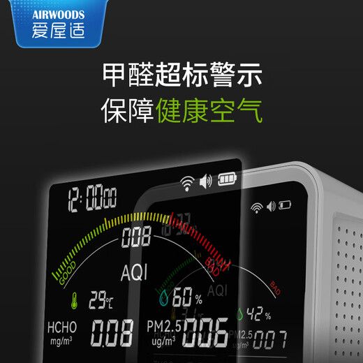 AIRWOODS High-Precision Formaldehyde Detector Indoor Home Intelligent Air Quality Detector New House Measuring Formaldehyde Carbon Dioxide PM2.5 Temperature and Humidity Meter White