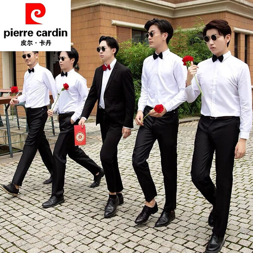 皮尔卡丹结婚礼服白衬衫伴郎兄弟团衬衣短袖西服套装男西装裤衣服长袖服装 白色 长袖衬衫  送领结 2XL 体重130-140斤
