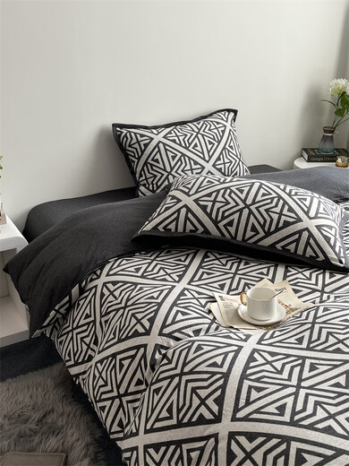 Arctic velvet full cotton knitted cotton four-piece set for nude sleeping in autumn and winter, soft and simple Nordic style bed cover, pure cotton quilt cover, bedding, square-black 1.5m bed/sheet style (quilt cover 200*230)
