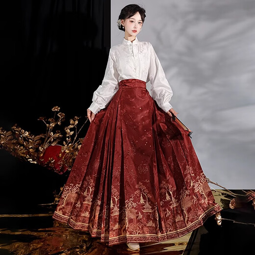 Yishangmei Horse Face Rock Frauen voller neuer chinesischer Hanfu-Frauenkleid für Erwachsene kleiner Sommer 2025 Neues chinesisches Stil Kleid schwarz [Goldener Pferdsgesichtsrock + weiße Top] l [geeignet für 115-130jin [Jin gleich 0,5 kg]]]