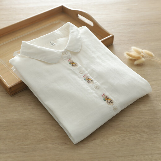 Nuanqiao cotton double-layer cotton gauze white shirt women's long-sleeved spring and autumn loose French embroidery small fresh and sweet pure cotton shirt white L (130-150Jin Jin equals 0.5 kg)