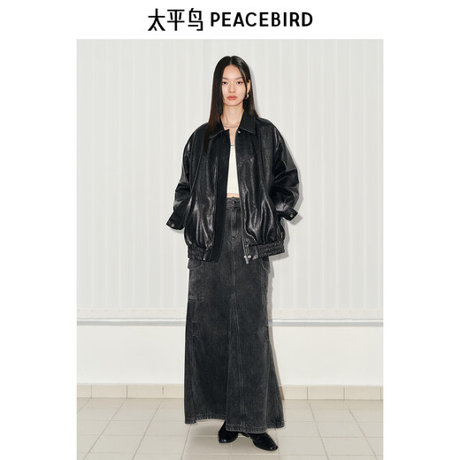 Peacebird black imitation hand rub oil wax leather PU leather jacket for women 2025 spring new fashionable loose jacket black S 155