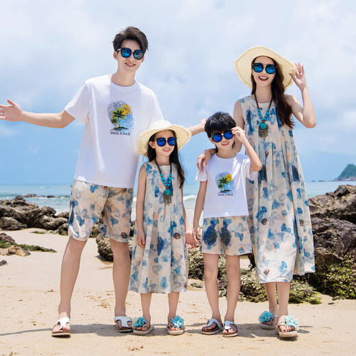 Yuehaiyuebei parent-child clothing for a family of three seaside vacation beach skirts Sanya travel mother-daughter clothing large size loose dress long skirt blue women's L
