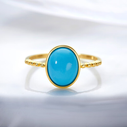 Diamond yellow 18K gold egg surface turquoise ring for women, colored gemstone ring, colorful gem ring for wife, girlfriend birthday gift, yellow 18K gold turquoise 7mm*9mm