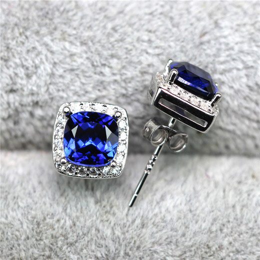Door guest pillow-shaped square tanzanite sapphire earrings for women sterling silver diamond-set temperament blue tanzanite earrings colored gemstone jewelry white gold / 1 pair