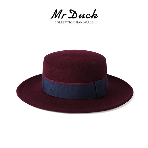 Mr DUCK Australian wool flat top hat for women New Year atmosphere festive hat Qiji red French style handmade felt hat MW462145-enamel wine red (double patchwork ribbon) L (57-58cm)