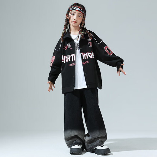 Mofu Kinderstreet Dance Trendy Kleidung Kinder Mode europäische und amerikanische Baseball -Kleidung Girls Hipphop Jacke Boy Hip Hop Performance Kleidung 300 schwarze Langarms + 349 Schwarze Hosen + 841 Weiß Kurzärmel 170 cm